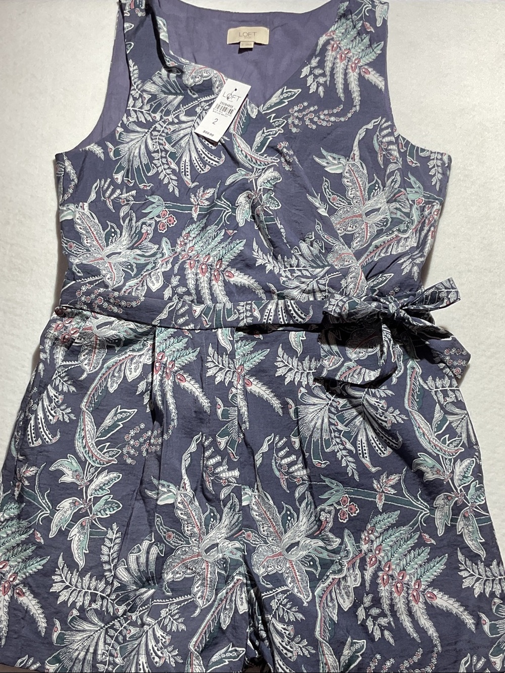 LOFT Purple Floral Wrap Romper with Tie Waist